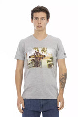 Trussardi Action Gray Cotton Men V-Neck T-Shirt