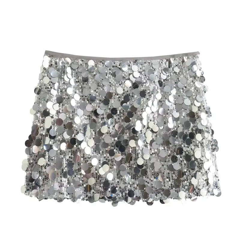 Shiny Silver Sequin High Waist Mini Skirt - Elegant Y2K Fashion for Women