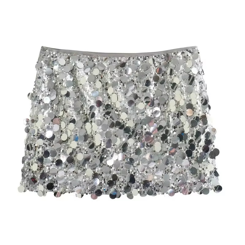 Shiny Silver Sequin High Waist Mini Skirt - Elegant Y2K Fashion for Women