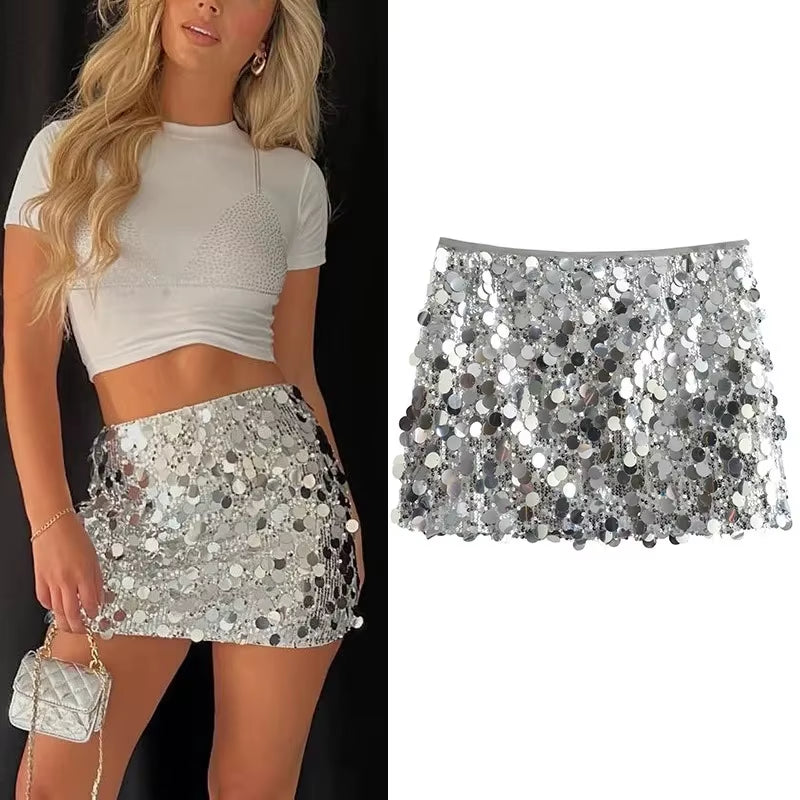 Shiny Silver Sequin High Waist Mini Skirt - Elegant Y2K Fashion for Women