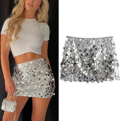 Shiny Silver Sequin High Waist Mini Skirt - Elegant Y2K Fashion for Women
